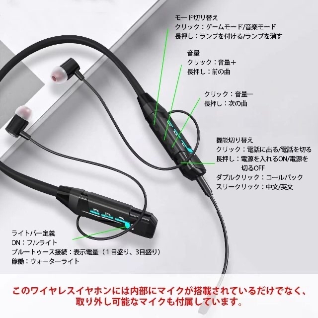 ワイヤレスイヤホン 首かけイヤホン スポーツイヤホン スマホ/家電/カメラのオーディオ機器(ヘッドフォン/イヤフォン)の商品写真