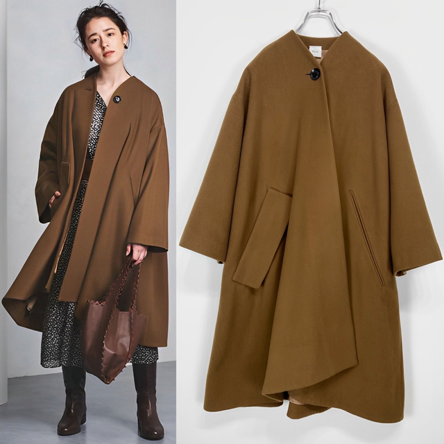 ELIN ウール アシンメトリー Aラインコート ブラウン38-