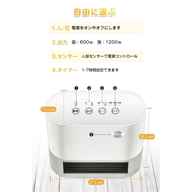 セラミックファンヒーター 人感センサーセラミックヒーター電気ストーブ転倒自動オフ スマホ/家電/カメラの冷暖房/空調(ファンヒーター)の商品写真