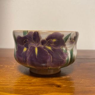 【長期保管・新品・未使用】京焼 清水焼 陶あん 菖蒲（あやめ）柄 エクボ茶碗(食器)