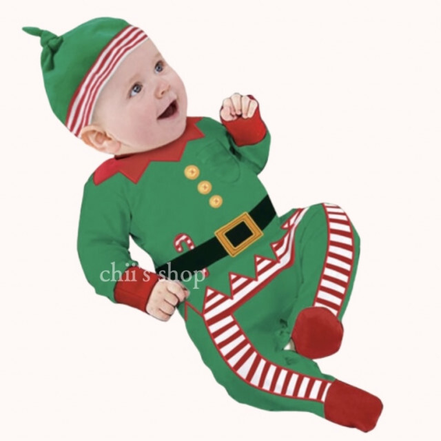 ベビー服 90cm クリスマス 緑 サンタ ELF ロンパース コスプレ  キッズ/ベビー/マタニティのベビー服(~85cm)(ロンパース)の商品写真