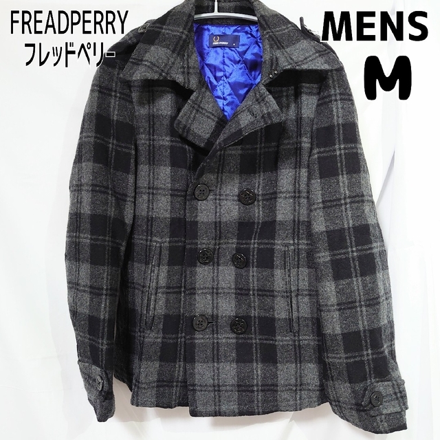 FRED PERRY(フレッドペリー)のFREDPERRY フレッドペリー チェックピーコート メンズM グレー 青 メンズのジャケット/アウター(ピーコート)の商品写真