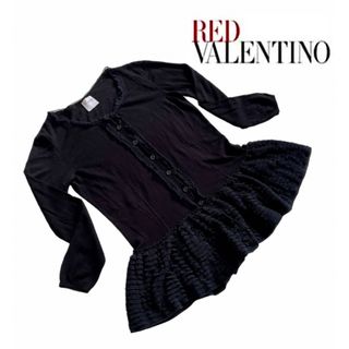 レッドヴァレンティノ(RED VALENTINO)のRED VALENTINO◆フリル レース ペプラム カーディガン◆黒◆美品♪(カーディガン)