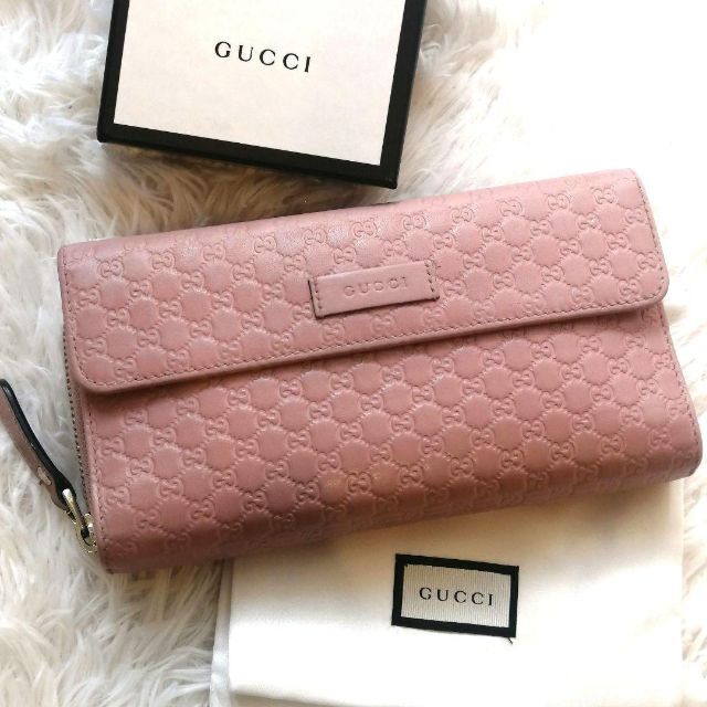 GUCCI マイクロGG シマ 三つ折り 長財布 ラウンドファスナー ピンク