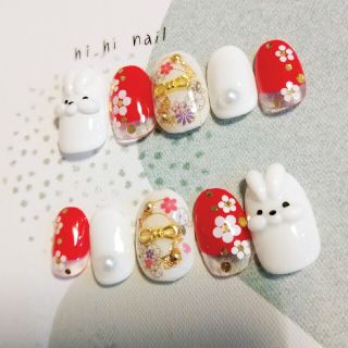 お正月　ウサギ　うさぎ　干支　ネイルチップ　nail ハンドメイドのアクセサリー(ネイルチップ)の商品写真