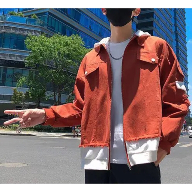 メンズ デニム ジャケット ストリート 韓国ファッション レンガ色 メンズのジャケット/アウター(Gジャン/デニムジャケット)の商品写真