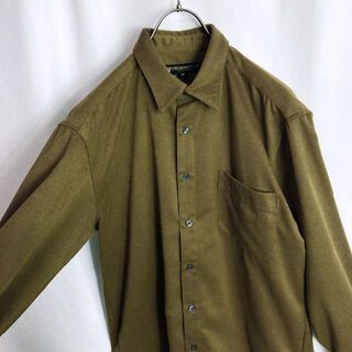 レトロ 長袖シャツ カーキ色 ワンポイント刺繍 高級感光沢感 深緑 M