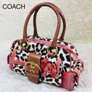 コーチ(COACH)の希少✨コーチ ハンドバッグ ハラコ レオパード ピンク レザー ベルト 金具(トートバッグ)