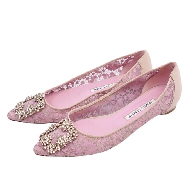 MANOLO BLAHNIK(マノロブラニク)のマノロ・ブラニク Manolo Blahnik パンプス ハンギシ フラットパンプス 総レース シューズ 靴 レディース イタリア製 36 1/2(23.5cm相当) ピンク/ベージュ レディースの靴/シューズ(ハイヒール/パンプス)の商品写真