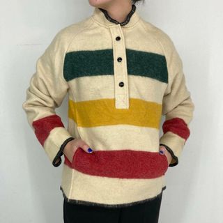 ウールリッチ(WOOLRICH)の古着 70年代 ウールリッチ WOOLRICH THE WOMAN ボーダー柄 ハーフスナップ プルオーバー ウールジャケット USA製 レディースM ヴィンテージ /eaa297090(その他)