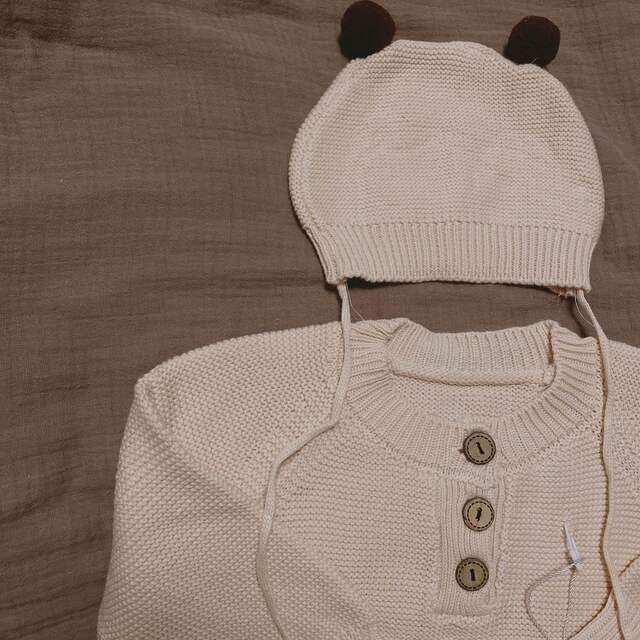 韓国　ベビー　くま　帽子　ニット　ロンパース キッズ/ベビー/マタニティのベビー服(~85cm)(ロンパース)の商品写真