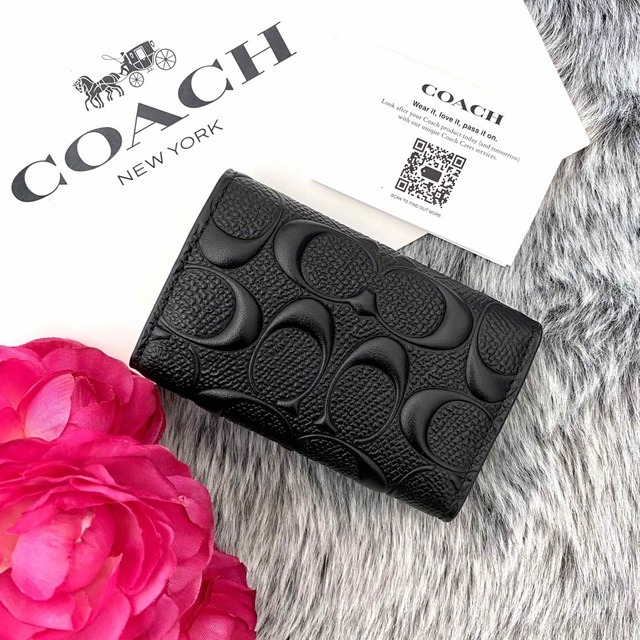 COACH コーチ ５連キーケース シグネチャー エンボス 黒レザーカードケース