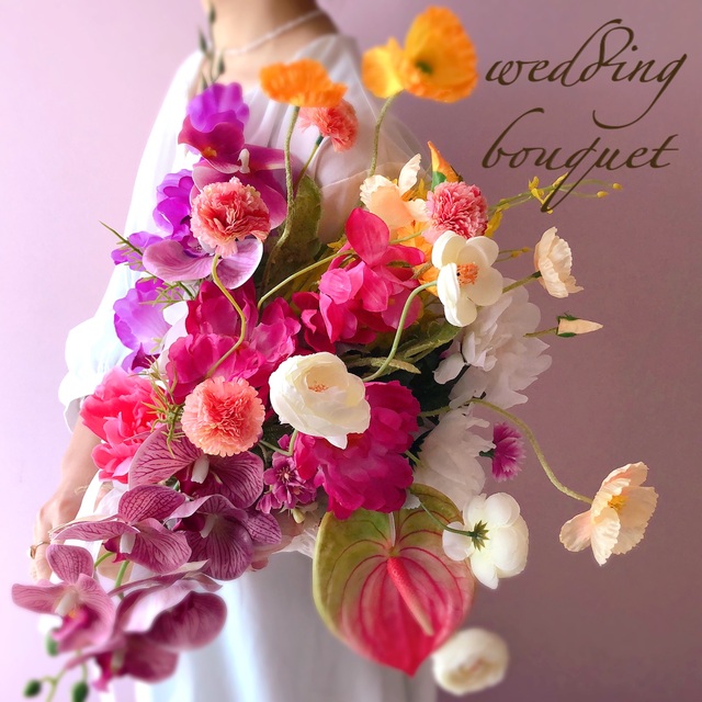 ナチュラルウエディング結婚式　ブーケ　アーティフィシャルフラワー　前撮り　ピンク　ドライフラワー　造花