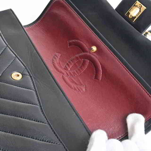 【中古】 CHANEL シャネル ラムスキン ココマーク Vステッチ Wフラップ Wチェーン ショルダーバッグ ブラック
