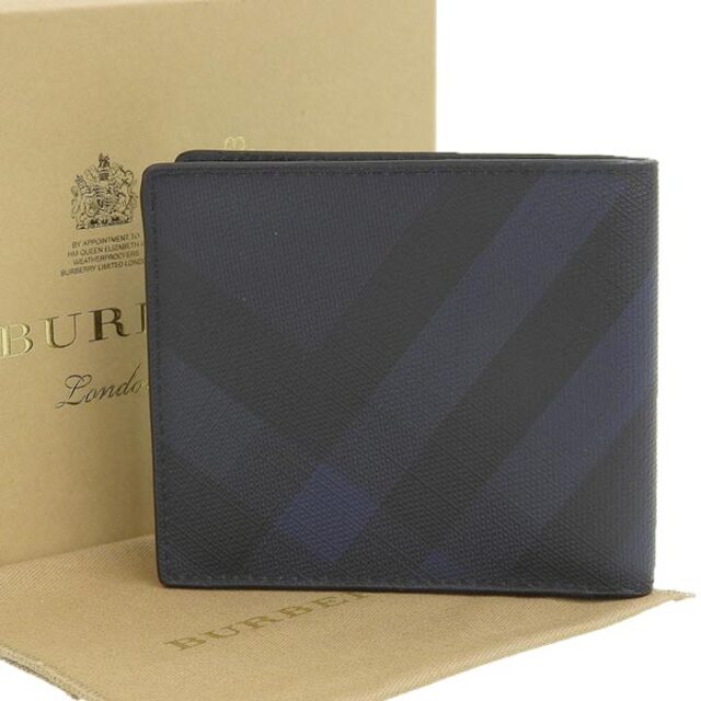 【中古】 BURBERRY バーバリー ロンドンチェック 二つ折り財布 ネイビー PVC gy