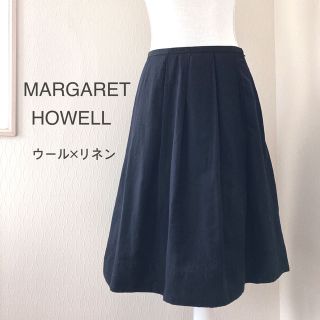 マーガレットハウエル(MARGARET HOWELL)のマーガレットハウエル＊ウール×リネン タックスカート ネイビー 日本製 サイズI(ひざ丈スカート)