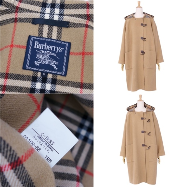 極美品 Vintage バーバリー Burberrys コート フード付き ロングコート トグルボタン ウール カシミヤ 裏チェック アウター  レディース 9(M相当) ベージュ