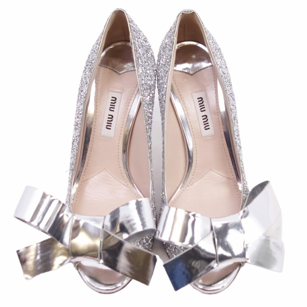 未使用 ミュウミュウ miumiu パンプス オープントゥ ヒール リボン グリッター シューズ レディース 35.5(22.5cm相当) シルバー