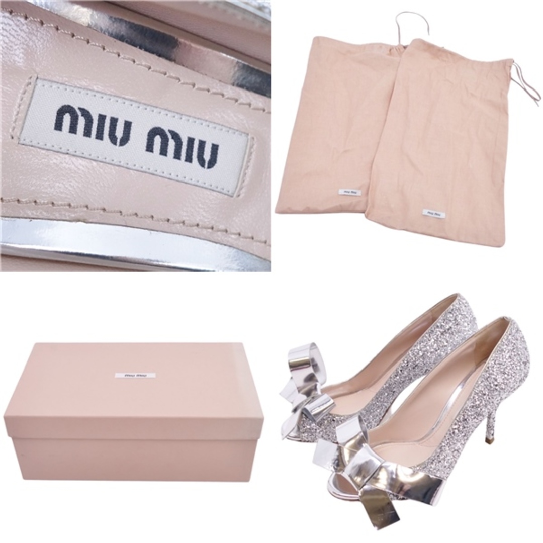 未使用 ミュウミュウ miumiu パンプス オープントゥ ヒール リボン グリッター シューズ レディース 35.5(22.5cm相当) シルバー