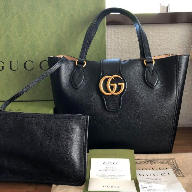 最高 Gucci グッチダブルG付スモールトートバッグ ブラック 【新品