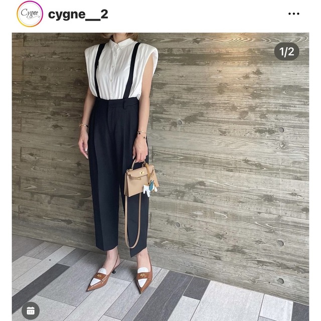 cygne_2 シーニュ ウエストギャザータックサスペンダーパンツ 杢グレー