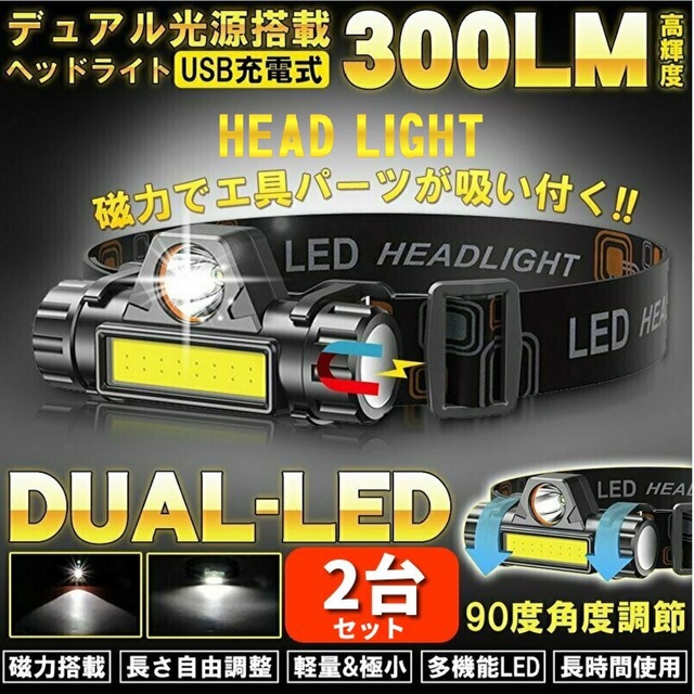 LEDヘッドライト 90°回転 USB充電式 キャンプ  登山  2個セット スポーツ/アウトドアのアウトドア(ライト/ランタン)の商品写真