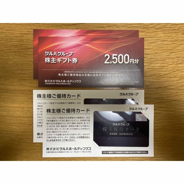 ツルハ株主優待カード2枚と株主優待券2,500円分×2