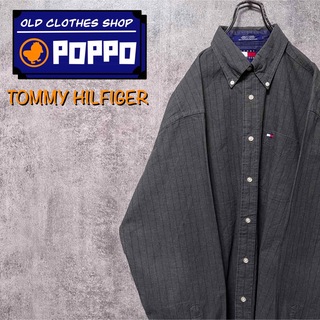 トミーヒルフィガー(TOMMY HILFIGER)のトミーヒルフィガー☆ワンポイントフラッグ刺繍ロゴペンシルストライプシャツ 90s(シャツ)