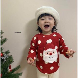 100　サンタ　クリスマス　韓国　裏起毛　赤　ベビー　トレーナー　ドット柄(ニット)