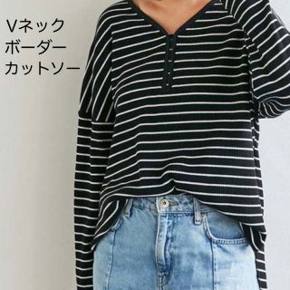 リュリュ(RyuRyu)のVネック細ボーダーカットソー　(Mサイズ)(カットソー(長袖/七分))