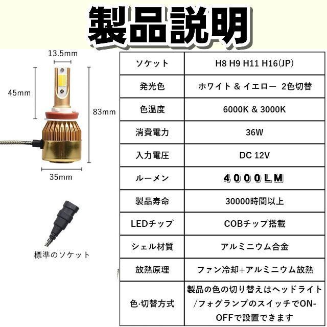 led フォグランプ H8 H9 H11 H16 2色 切替 8000LMx2 自動車/バイクの自動車(汎用パーツ)の商品写真