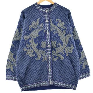 古着 VRIKKE SWEATERS コンチョボタン 総柄 ウールニットカーディガン レディースL /eaa298222(カーディガン)