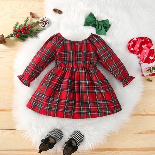 ワンピース チェックワンピース クリスマス リボン付き サンタコス 女の子 キッズ/ベビー/マタニティのキッズ服女の子用(90cm~)(ワンピース)の商品写真