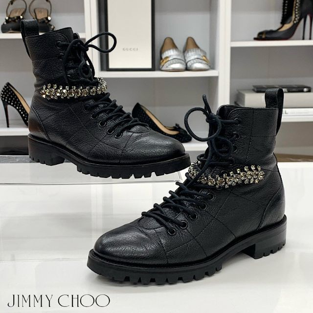 JIMMY CHOO - 1948 ジミーチュウ レザー ビジュー ショートブーツ ブラック