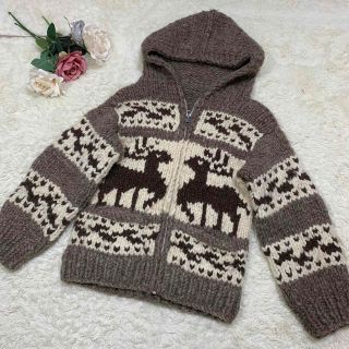 カウチンニット　トナカイ　フード　カナダ製　CA07842　M〜L(ニット/セーター)