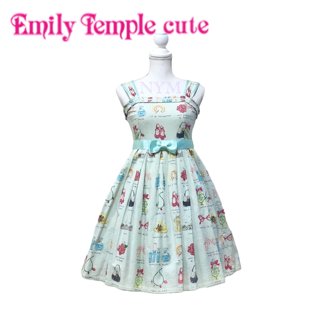 Emily Temple cute(エミリーテンプルキュート)のガーリーオリジナルプリントコスメ柄ワンピースミントブルーe レディースのワンピース(ひざ丈ワンピース)の商品写真