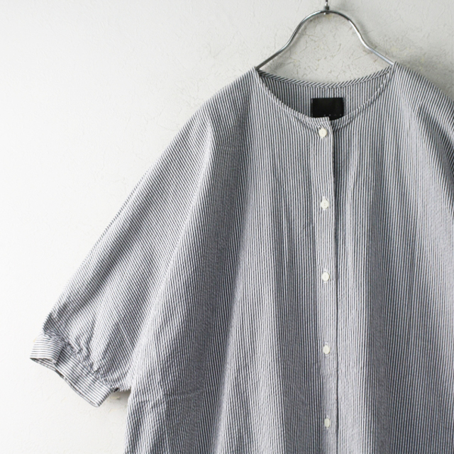 TANDEY オローネ コットン ストライプ ノーカラーワンピース/チャコール【2400013099417】 レディースのワンピース(その他)の商品写真