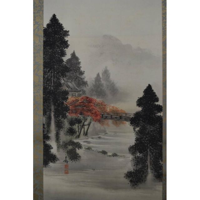 真作】長谷川玉粹/長谷川玉峰の子/五十鈴川紅葉図/掛軸☆宝船☆AA-271