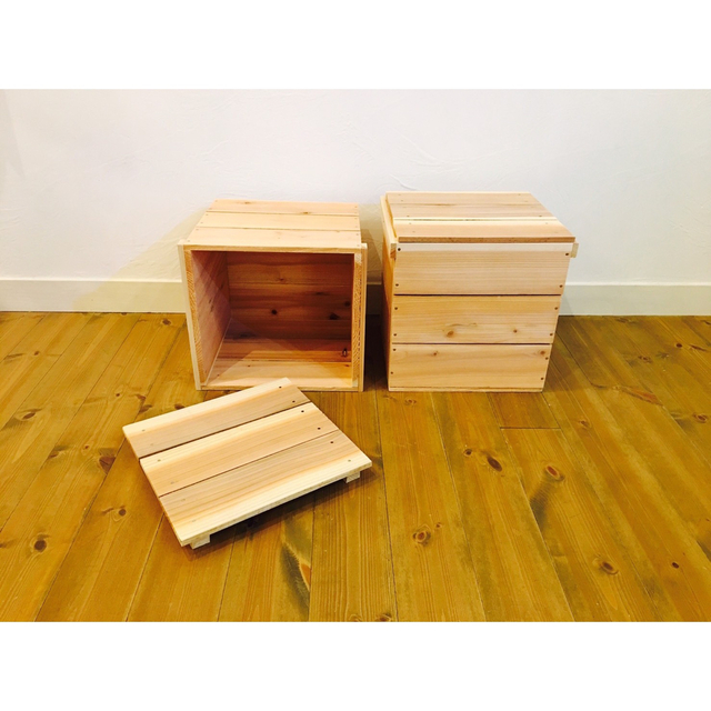 りんご箱 蓋付【平箱 2箱】【角箱 2箱】 // ウッドボックス 木製 収納