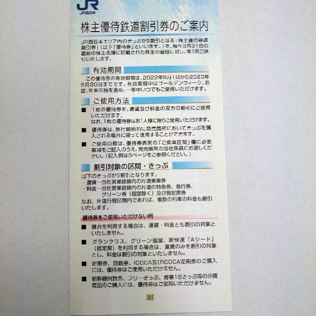 JR西日本株主優待割引券【誤記入しております】ご自身で訂正してご使用下さい チケットの優待券/割引券(その他)の商品写真
