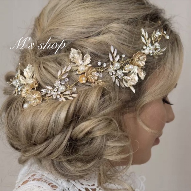 小枝 お花 リーフ ゴールド パール ヘアアクセサリー 結婚式髪飾り ...