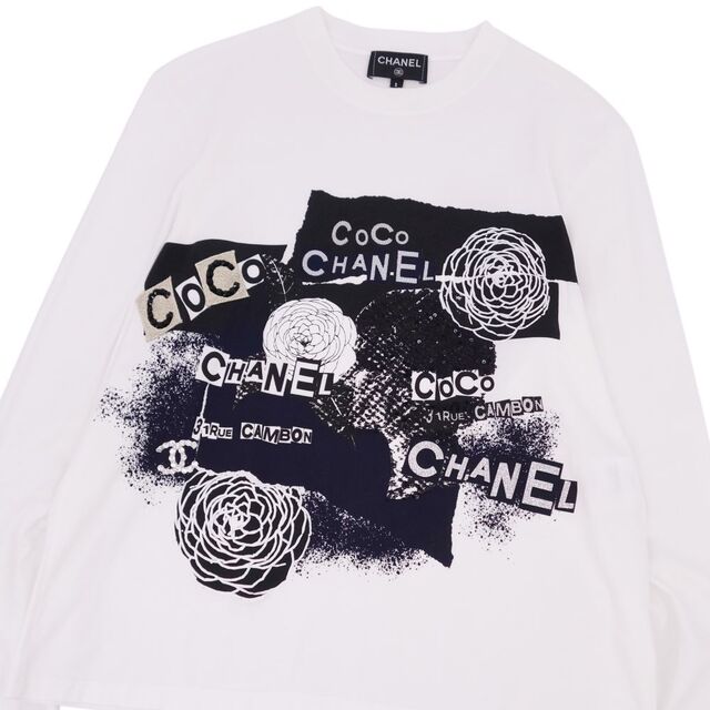極美品 シャネル CHANEL Tシャツ 20P カットソー ココマーク カメリア P63300 プリント スパンコール イタリア製 S ホワイト
