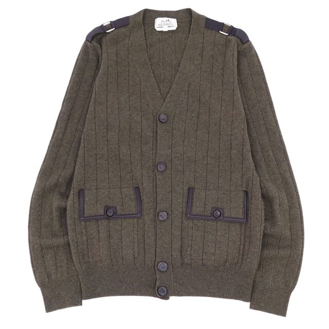 美品 エルメス HERMES カーディガン ニット カシミヤ100% レザー