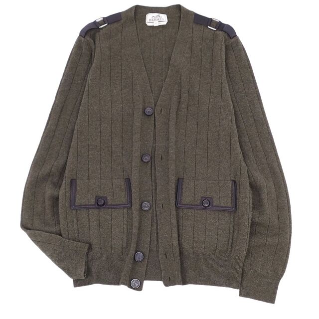 美品 エルメス HERMES カーディガン ニット カシミヤ100% レザー