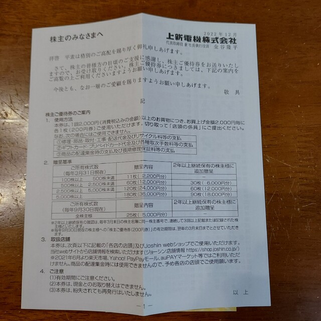 上新電機の株主優待券５０００円分 チケットの優待券/割引券(ショッピング)の商品写真