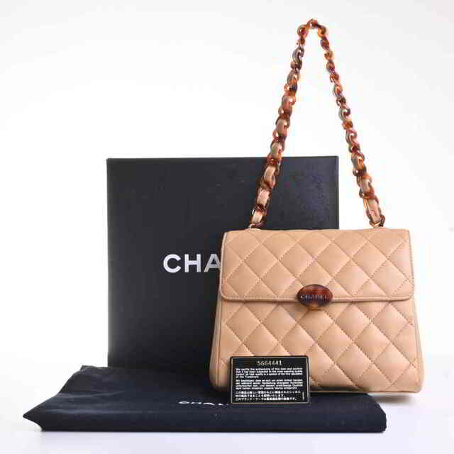 【中古】 CHANEL シャネル ラムスキン マトラッセ べっ甲 チェーン ショルダーバッグ ベージュ by