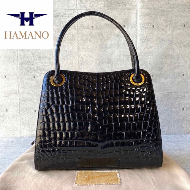 濱野皮革工藝/HAMANO - 【美品】HAMANO 濱野皮革工藝 シャイニングクロコダイル 黒 ハンドバッグ