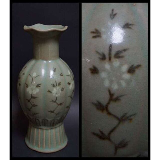 茶道具高麗時代青磁象嵌『草花文』 葵口瓜形瓶小ぶり花入華道具☆時代物☆-