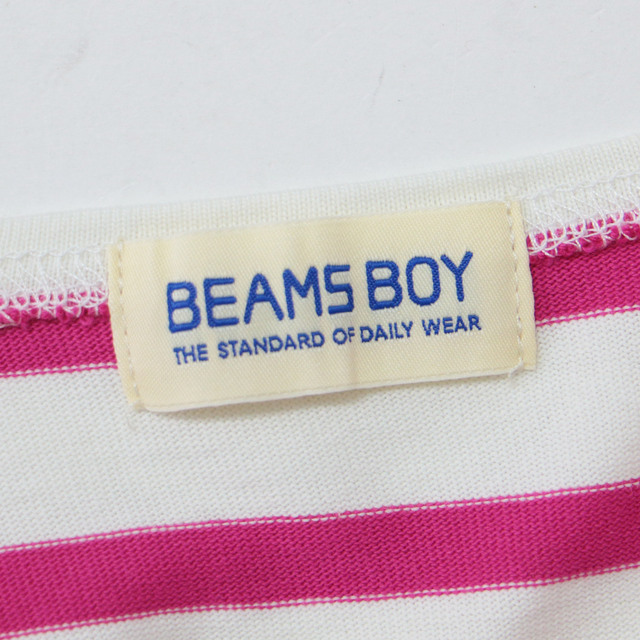 BEAMS BOY(ビームスボーイ)のBEAMS BOY ビームスボーイ Tシャツ カットソー トップス 22秋冬 ホワイト ピンク FREE ロング丈 長袖 ボートネック スーパービッグ ボーダー コットン 綿 ビッグシルエット 体型 二の腕カバー チュニック ワンピ スリット ゆったり【レディース】【中古】【美品】 レディースのトップス(Tシャツ(長袖/七分))の商品写真