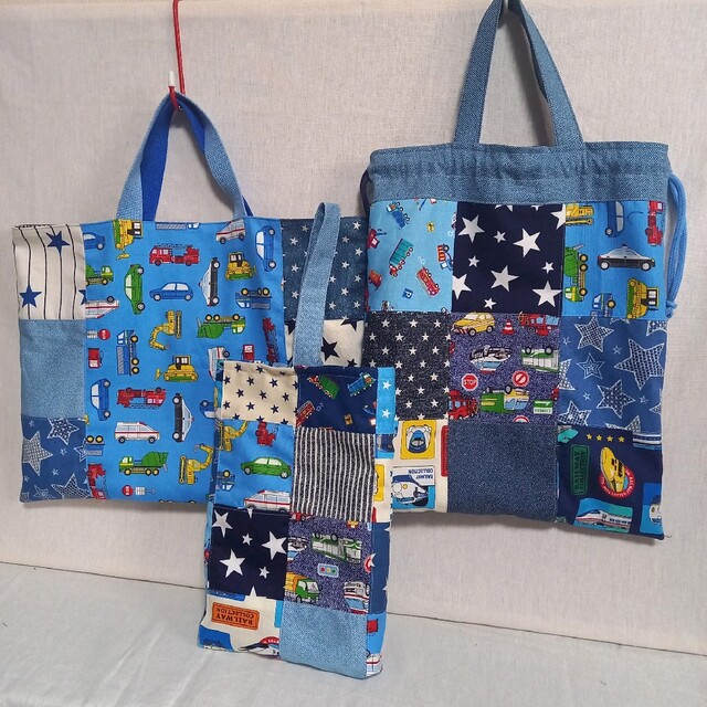 手作り☆働く車&新幹線のパッチワークのレッスンバッグ 手作り☆働く車&新幹線のパッチワークのレッスンバッグ